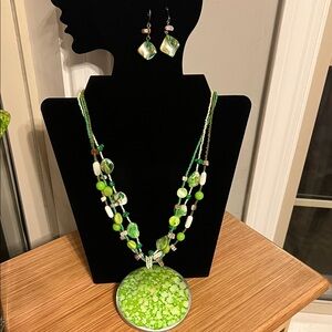 Green Beaded Necklace and Earring Set